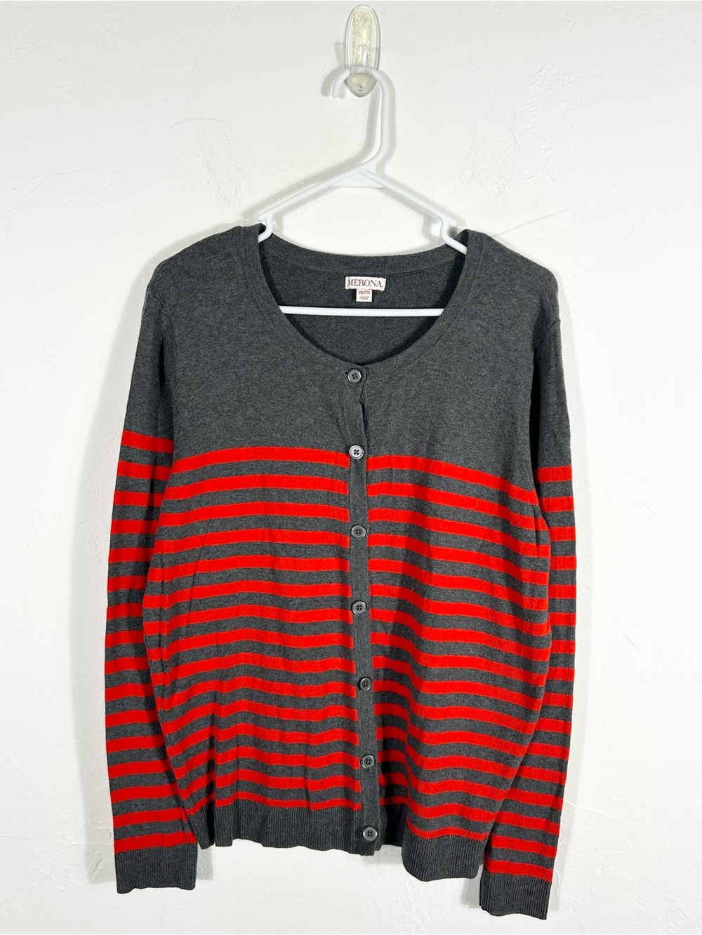 Merona Striped Button Front Crewneck Cardigan Knit Gray Red Sweater Plus Size